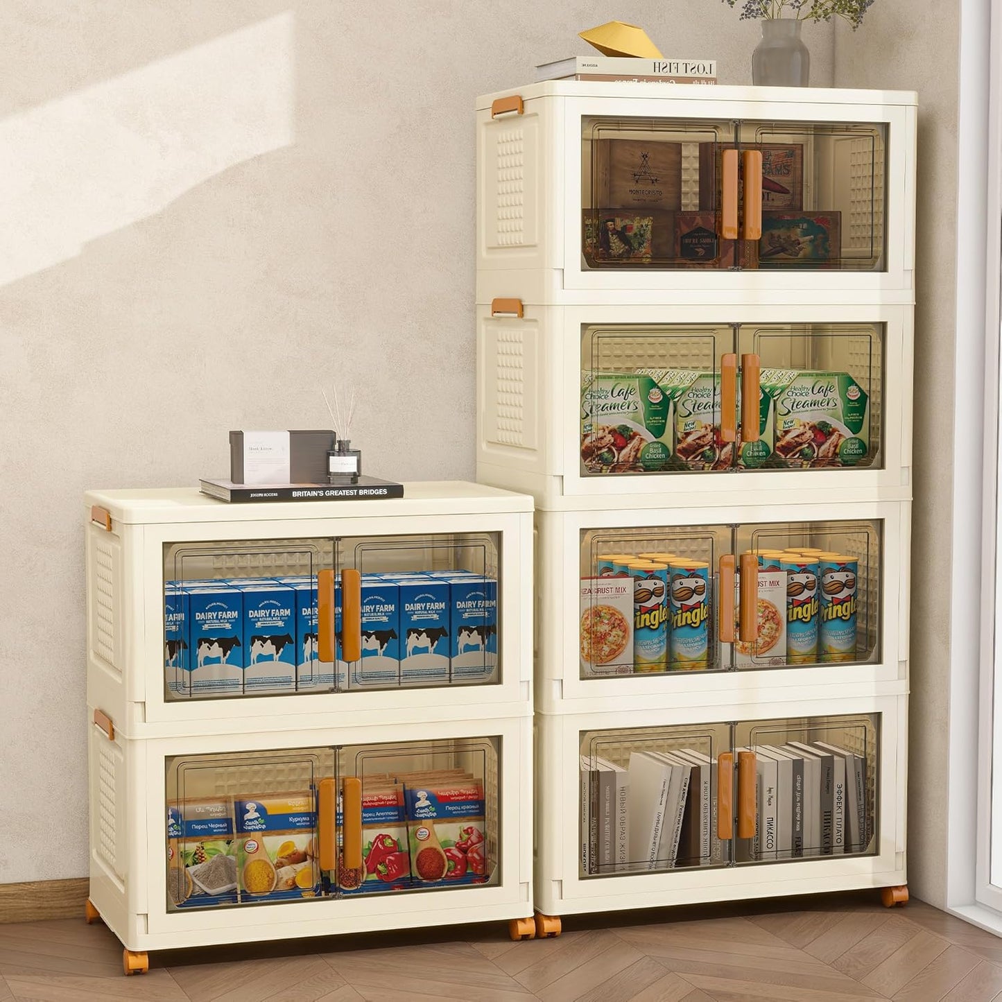 Plastic Stackable Storage Bins with Lids and Wheels, Foldable Closet Organizers and Storage Containers for Bathroom, Collapsible Clear Drawer Storage Cabinet with Doors White 22.4Gal 2Tiers