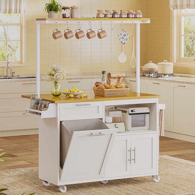 Itaar Rolling Kitchen Island Table on Wheels with Drop Leaf, 40" Mobile Kitchen Carts with Trash can Storage, Storage Cabinet, Drawer, Spice/Towel Rack, White