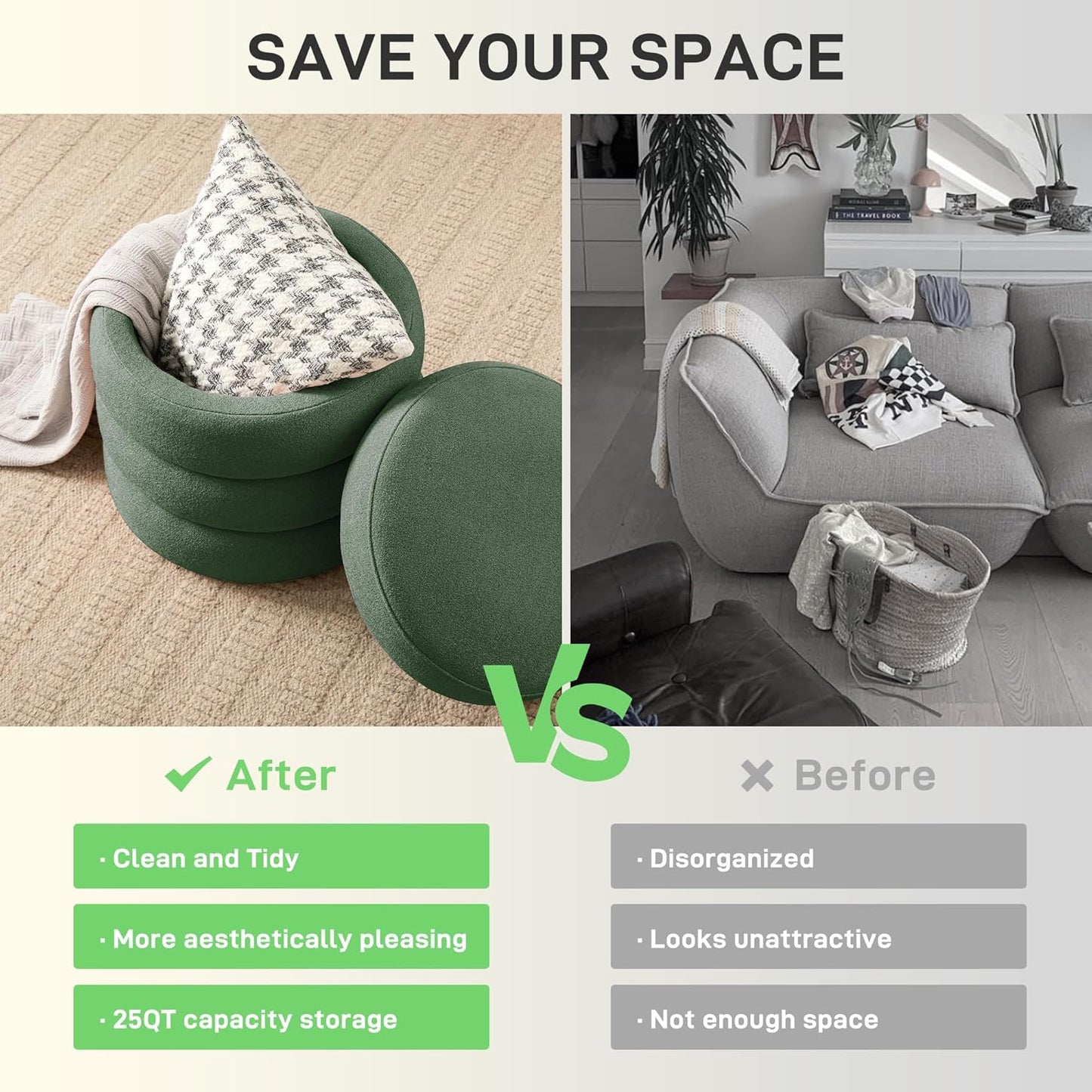 Round Ottoman with Storage Boucle Ottoman Stool Removable Lid for Living Room Modern Upholstered Vanity Storage Stool Foot Rest Bedroom Dorm Gifts Set of 2 (Green)