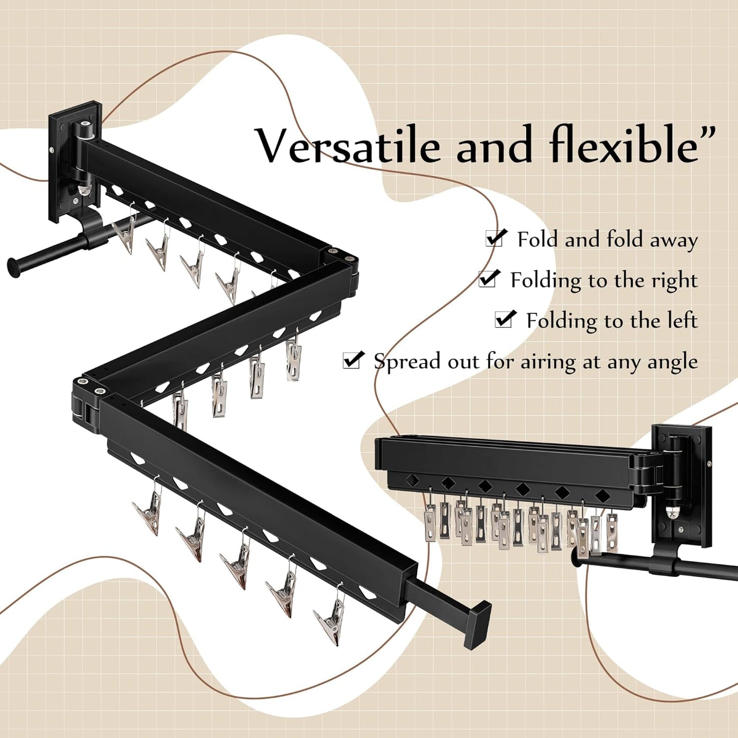 Wall Mounted Collapsible Clothes Drying Rack, Durable Space-Saving Laundry Drying Rack Clothing Hanger, Upgraded with Clips and Windproof Holes