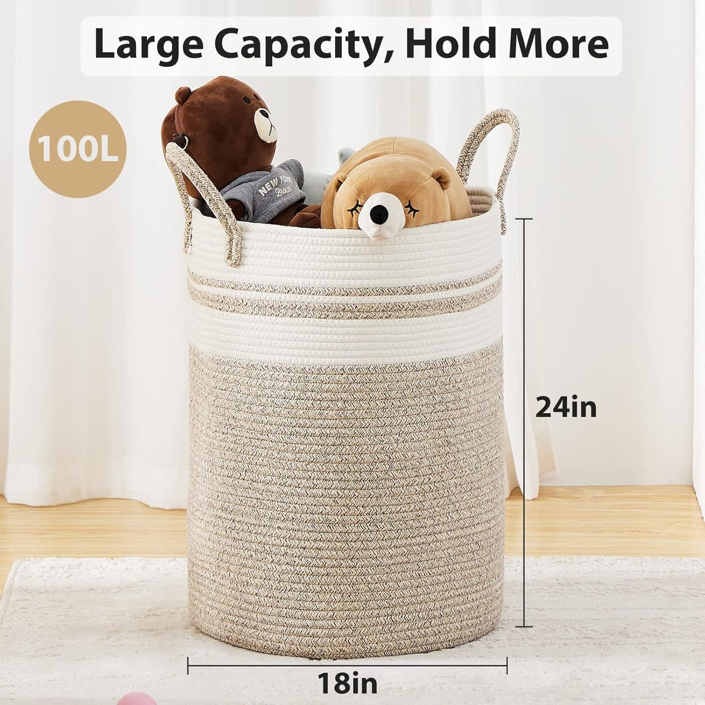 Fiona's magic 100L Extra Large Laundry Hamper Basket, 26.4Gal Tall Woven Laundry Basket Storage, Baby Nursery Hamper for Blankets, Clothes Hamper for Bedroom and Living Room Organizing, Brown & White