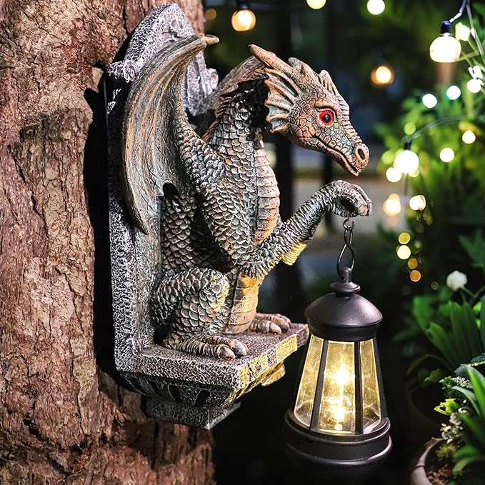 Dragon Statue Solar Lantern for Garden Décor, Dragons Figurine Night Light, 10”Outdoor Decorative Lamp, Mountable on Trees/Walls/Fences. Birthday/Housewarming Gifts for Dragon Fans (Antique Bronze)