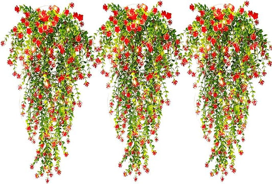 Vine Plant Fake Ferns Plants Large Faux Artificial Hanging Plants Wall Plants Artificial Hanging Plants Outdoors Fake Hanging Plant Greenery Vine with Lights for Outdoor Plants Decor 3 Pcs(Red)