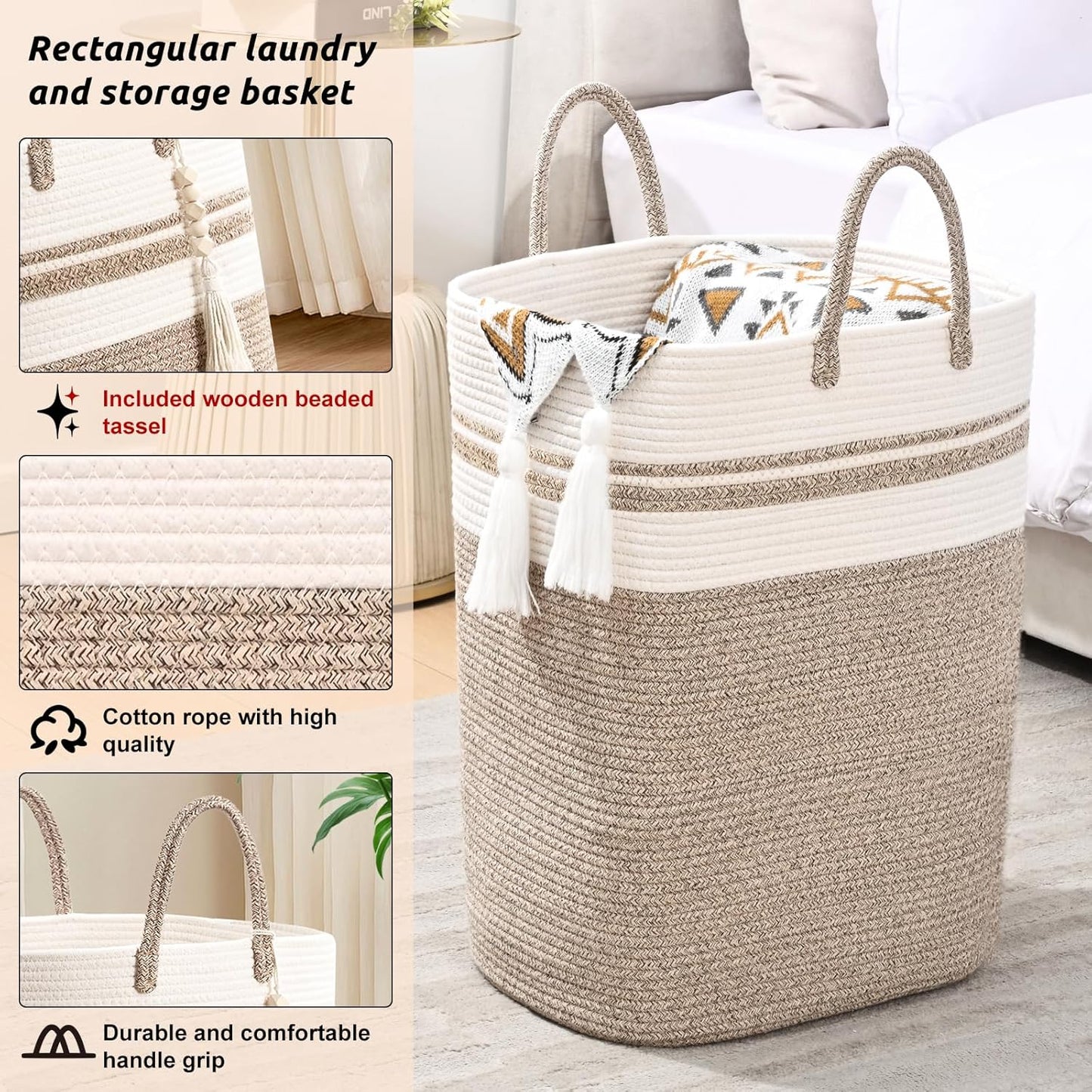 Woven Laundry Basket for Clothes, 65L Large Rectangle Laundry Hampers, Nursery Storage Basket for Toys, Tall Dirty Clothes Hamper for Bedroom Aesthetic, Bathroom, Laundry Room