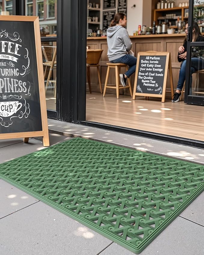 Color&Geometry Door Mat Outside Entrance with Drainage, Rubber Heavy Duty Dirt Trapper Waterproof Outdoor Welcome Mat, Outdoor Mats All Weather for Front Back Door Patio Entryway Entry, 24"X36" Green
