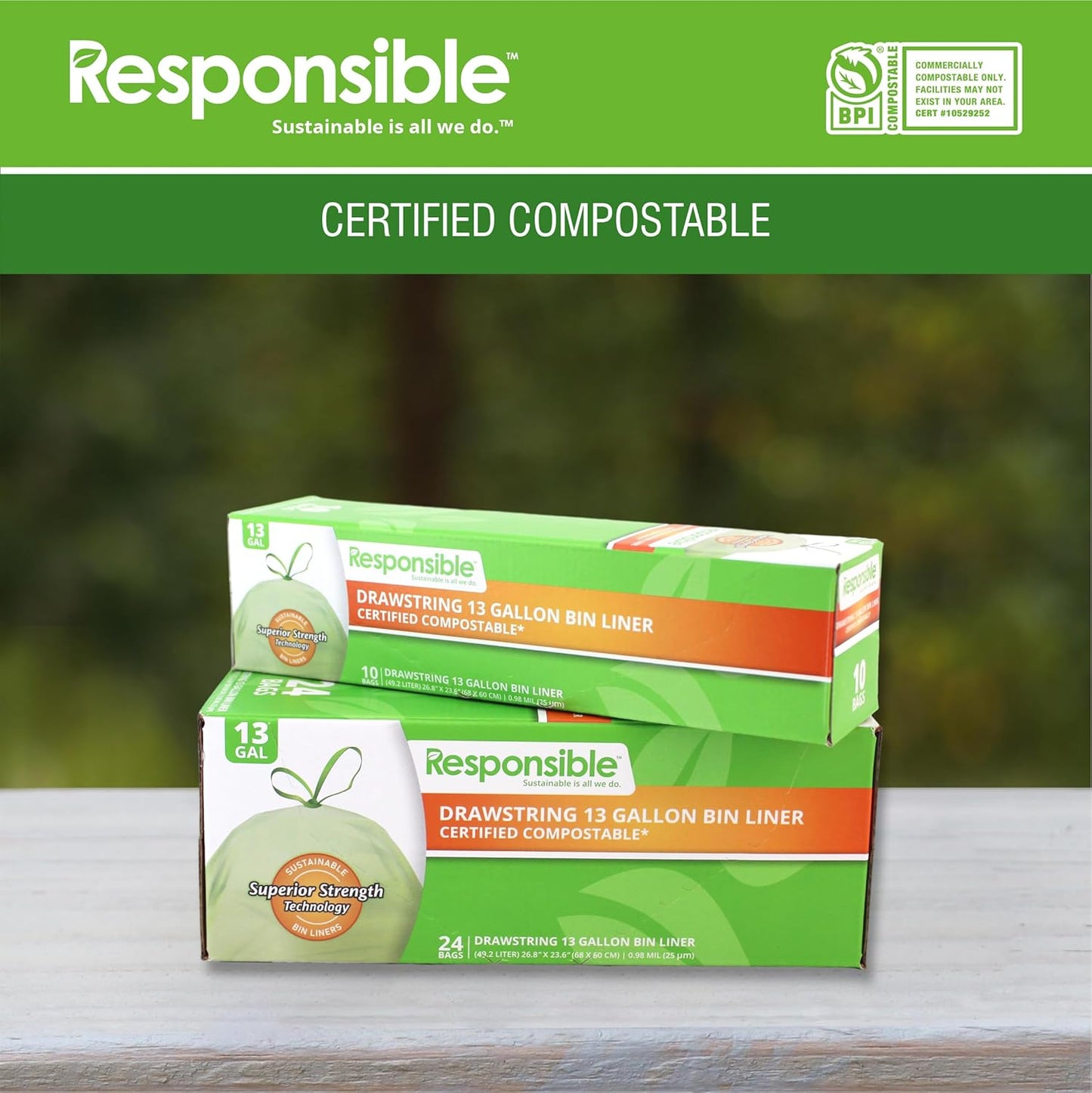 Responsible Products Kitchen Bin Liners, Certified Compostable, Heavy Duty Multipurpose Food Scrap Bags, Made from Compostable Materials (13 Gallon, 13 Gallon (120 Count))