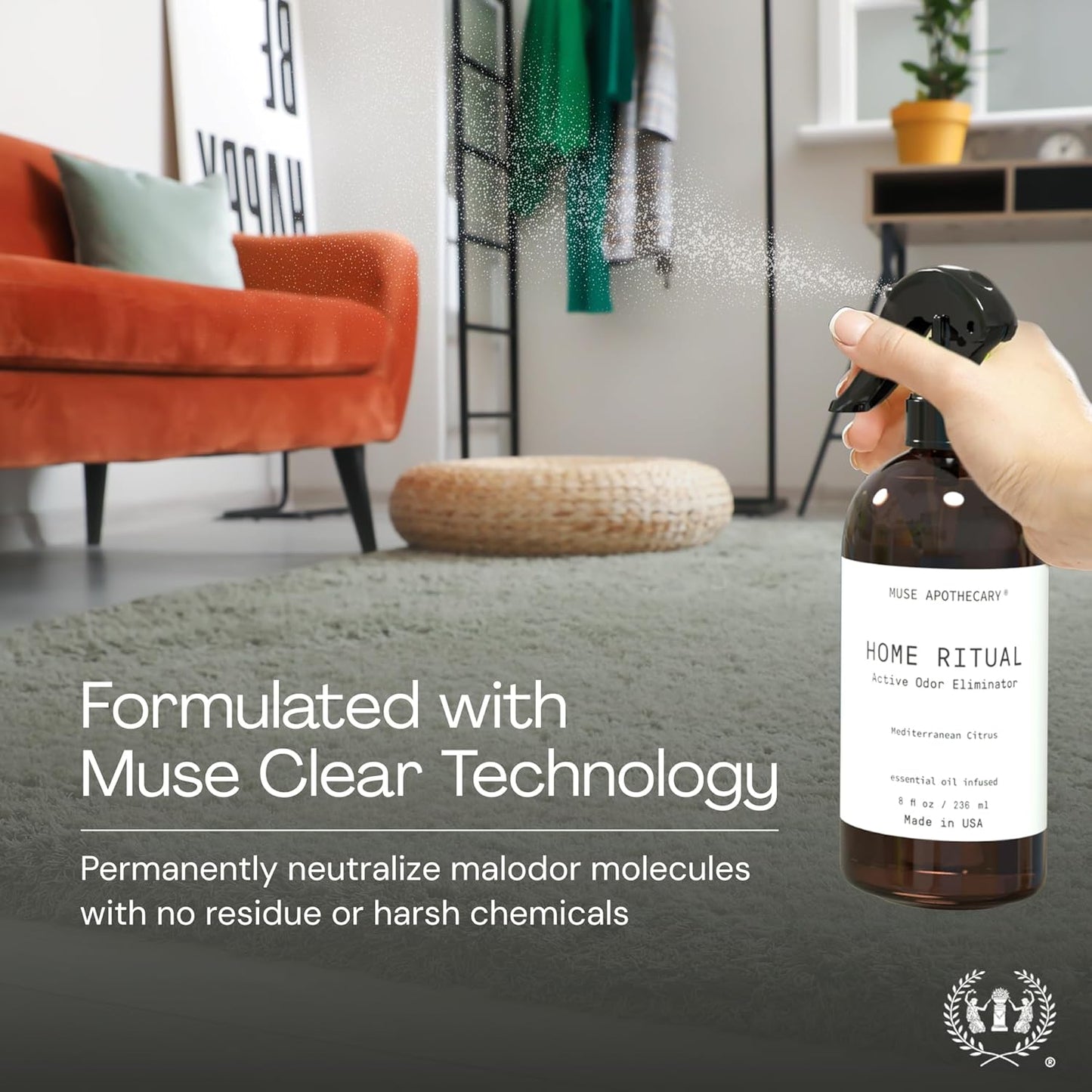 Muse Apothecary Home Ritual Active Odor Eliminator Spray - Furniture Deodorizer Spray & Bathroom Odor Eliminator for Home - Essential Oil Air Freshener - 8oz, Fresh Linen
