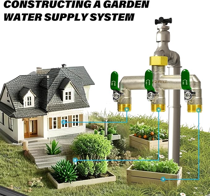 Heavy Duty Brass Garden Hose Splitter - 3-Way 3/4" GHT Thread, High Flow Faucet Splitter, Water Hose T Spigot Splitter with Shutoff Valves, Water Adapter & Connector-Long Metal Handle