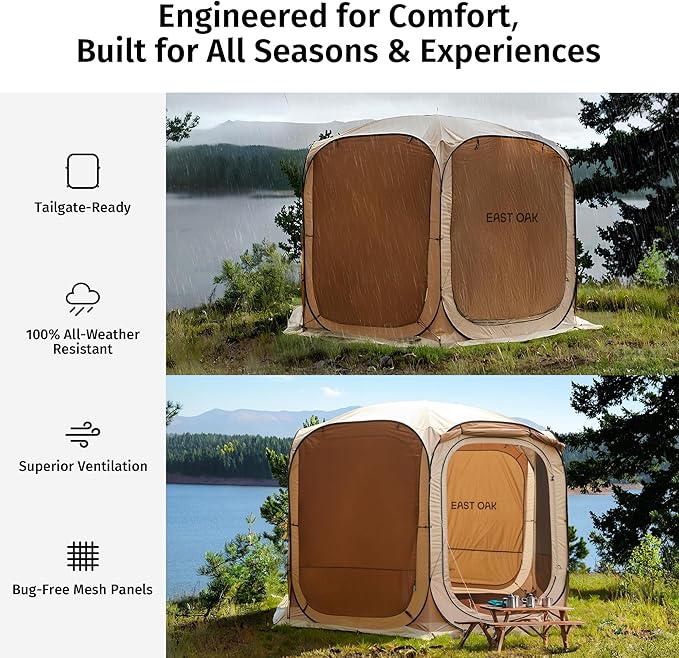 EAST OAK Pop Up Canopy Tent with Mesh Walls | Outdoor Screen House with 4/6 Sunshades | Waterproof Gazebo with Carry Bag | Portable Shelter for Camping, Patio, and Beach | Beige