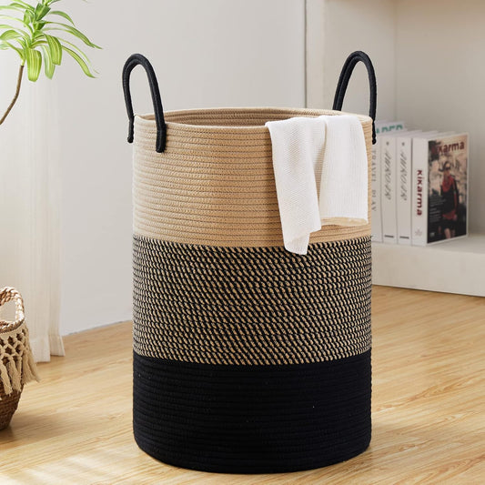 Fiona's magic 100L Extra Large Laundry Hamper Basket, 26.4Gal Tall Woven Laundry Basket Storage, Baby Nursery Hamper for Blankets, Clothes Hamper for Bedroom and Living Room Organizing, Brown & Black
