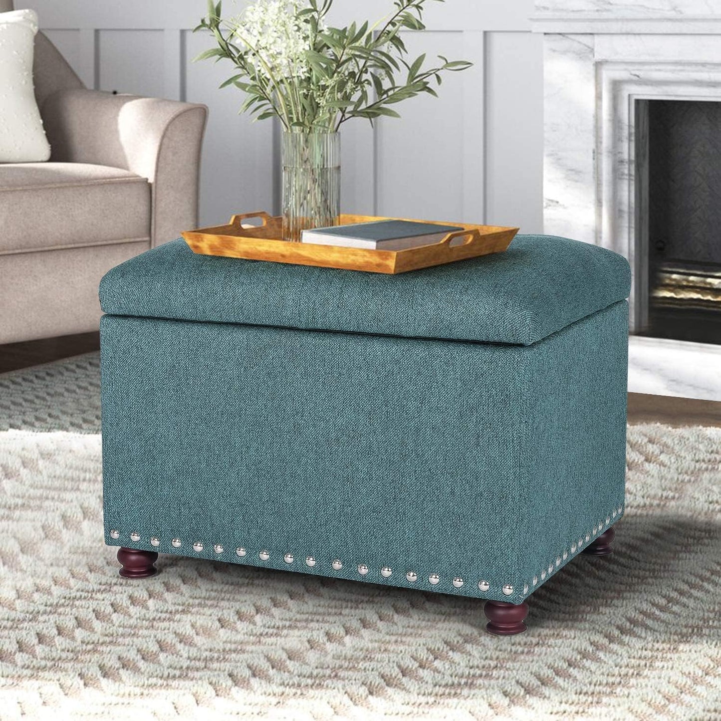 Joveco 24" Ottoman with Storage for Living Room Rectangular Fabric Tufted Bench Footrest Toy Chests for Bedroom (Cyan)