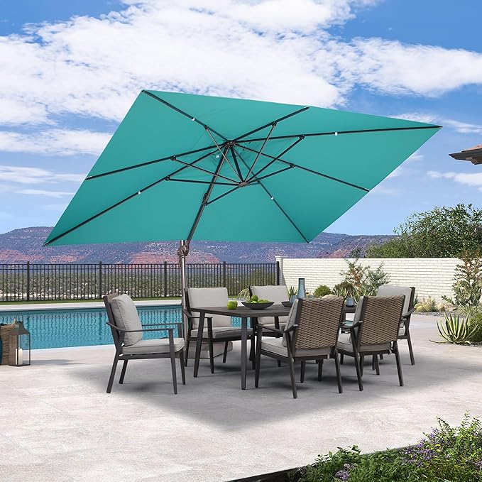 PURPLE LEAF 10' X 13' Patio Cantilever Umbrella Rectangle Umbrella Outdoor with Aluminum Offset Hanging and 360° Rotation for Pool Garden Deck Patio, Turquoise