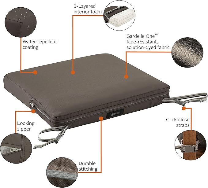 Classic Accessories Ravenna Seat Cushion, 17"W x 15"D x 2"Thick, Dark Taupe