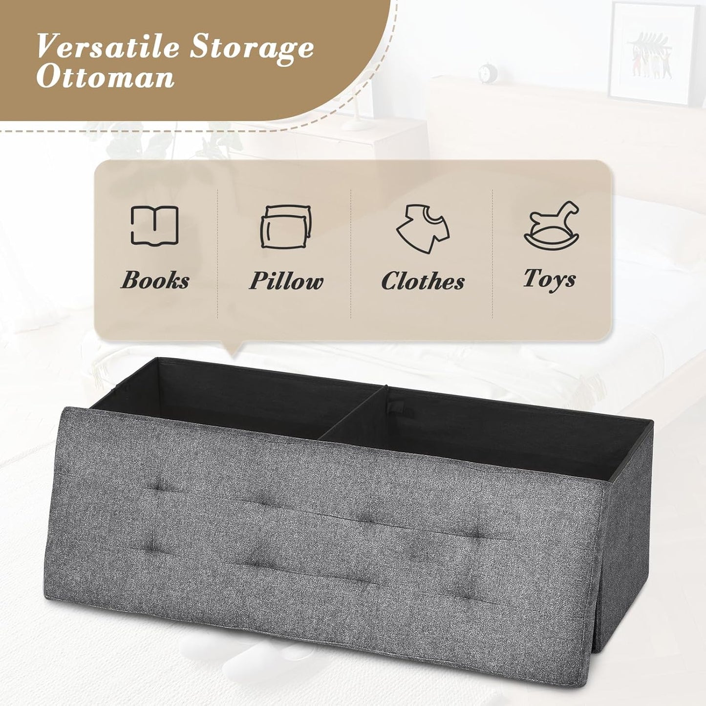 Athena Collection 43" Storage Ottoman Bench Folding Bench with 130L Hidden Storage, Large End of Bed Bench Linen Foot Rest Stool Chest with Flipping Lid for Living Room, Bedroom, Entryway, Dark Gray