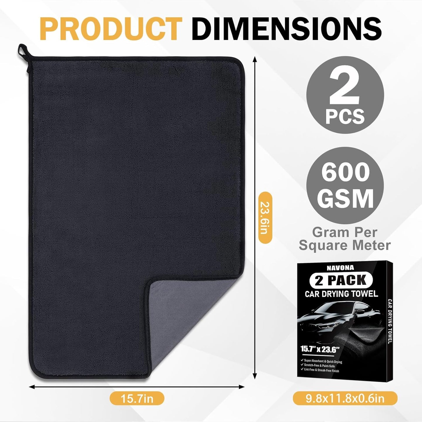 2-Pack Medium Size (23.6" x 15.7") Microfiber Towels, 600GSM Ultra Absorbent Car Drying Towels — Scratch-Free, Streak-Free, Lint-Free, Perfect for Cars, Shower Cabins, and Household Use