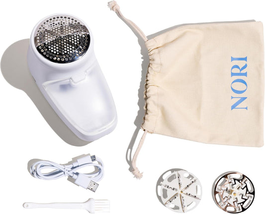 Nori Trim Fabric Shaver - Lint Remover for Clothes & Furniture Couch Pilling - Sweater Pill Remover - Clothes Shaver with 6 Precision Blades - Wireless and Rechargeable - White