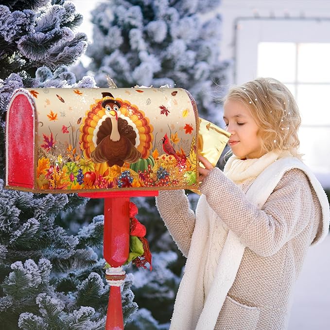 Thanksgiving Turkey Mailbox Covers Magnetic Standard Size 21" X 18" Fall Harvest Fruit Letter Post Wraps Cardinal Maple Leaves Decorative Holiday Postbox Covers for Home Outdoor Garden Yard