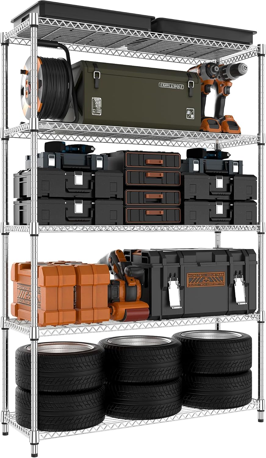 MZG 1750 lbs 5 Tier Storage Rack Metal Wire Shelving Unit, Storage Standing Household Shelf Organizer for Kitchen Pantry Closet Garage Basement Utility Room, Chrome 15.8" D x 45.3" W x 70.4" H