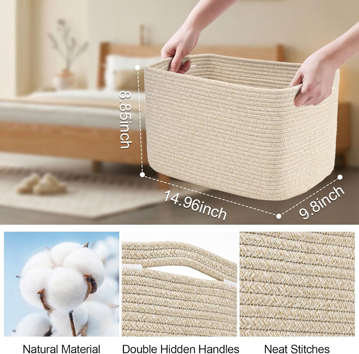 3-Pack Shelf Baskets for Organizing, Woven Storage Basket for Shelves, Cotton Rope Storage Bins for Toys Books, Nursery Towel Baskets for Classroom, 14.96"X9.8"X8.85", Brown