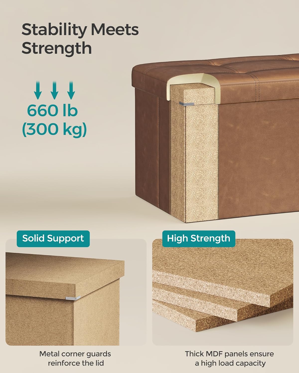 SONGMICS Mazie Collection - 30 Inches Folding Storage Ottoman Bench, Ottoman with Storage, Foot Rest Stool, Load 660 lb, for Living Room, Synthetic Leather, Coffee Brown ULSF040K11