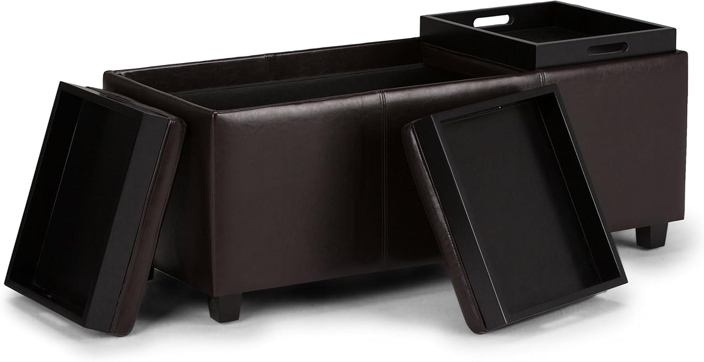 SIMPLIHOME Avalon 42 inch Wide Contemporary Rectangle Storage Ottoman in Tanners Brown Vegan Faux Leather, Assembled, for the Living Room, Entryway and Family Room