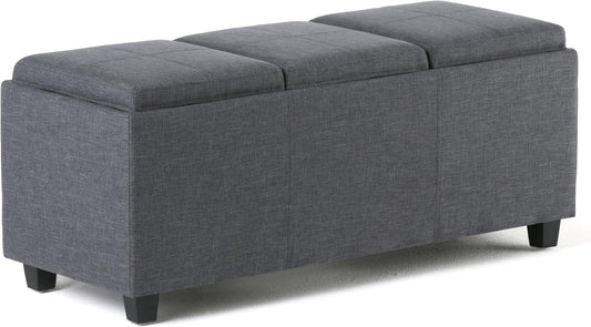 SIMPLIHOME Avalon 42 Inch Wide Contemporary Rectangle Storage Ottoman in Slate Grey Linen Look Fabric, Assembled, For the Living Room, Entryway and Family Room