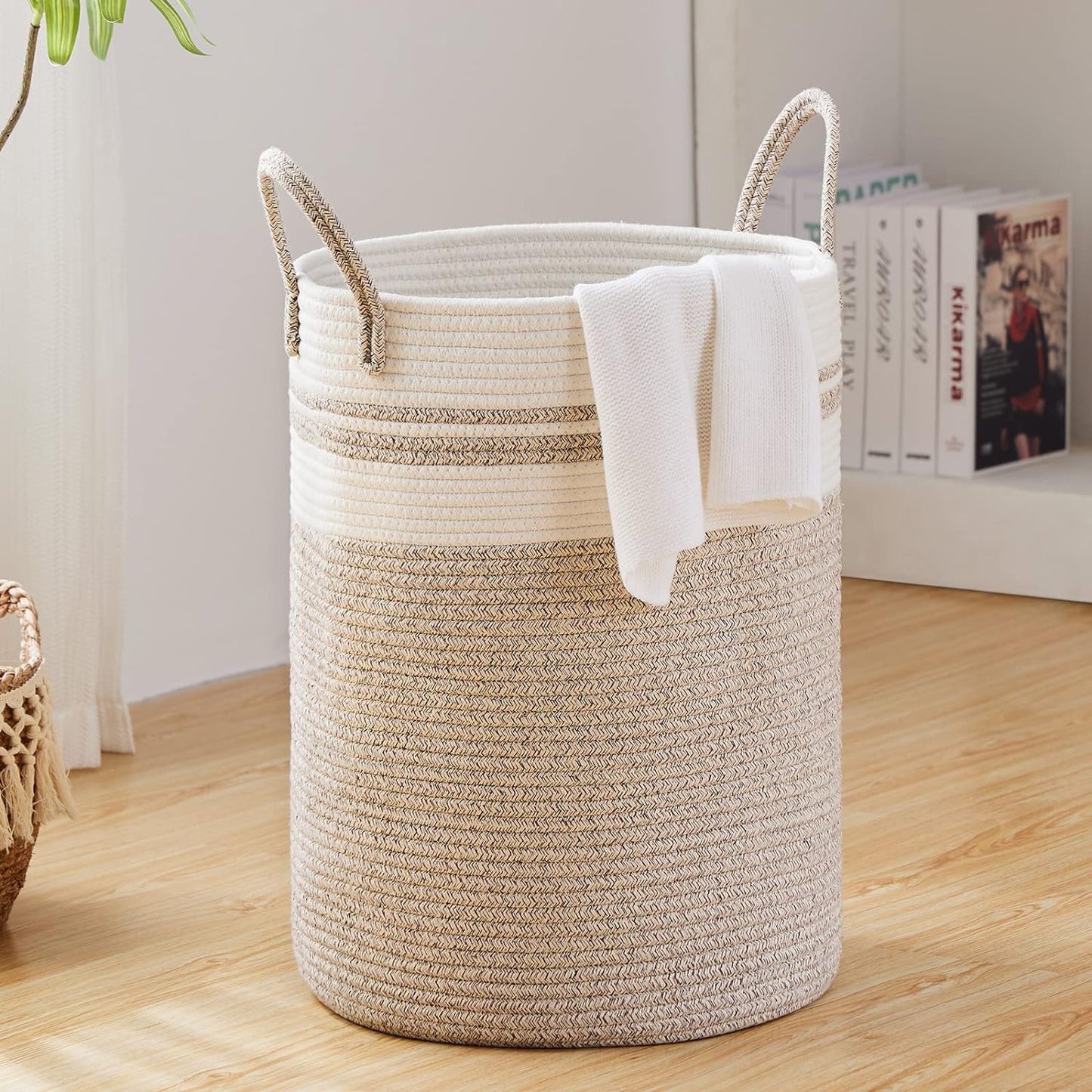 Fiona's magic 100L Extra Large Laundry Hamper Basket, 26.4Gal Tall Woven Laundry Basket Storage, Baby Nursery Hamper for Blankets, Clothes Hamper for Bedroom and Living Room Organizing, Brown & White