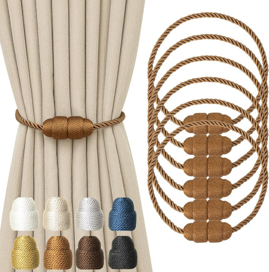 Magnetic Rope Curtain Tiebacks 6 Pack Holders for Drapes and Curtains, Khaki