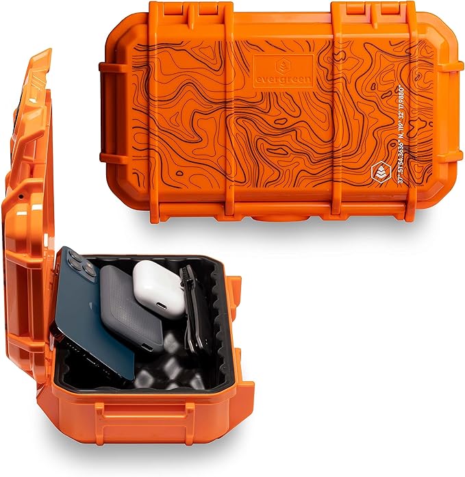 Evergreen 56 Waterproof Dry Box Protective Case - Travel Safe/Mil Spec/USA Made - for Tackle Organization of Cameras, Phones, Camping, Fishing, Hiking, EDC, Water Sports, Knives (TOPO, Orange)