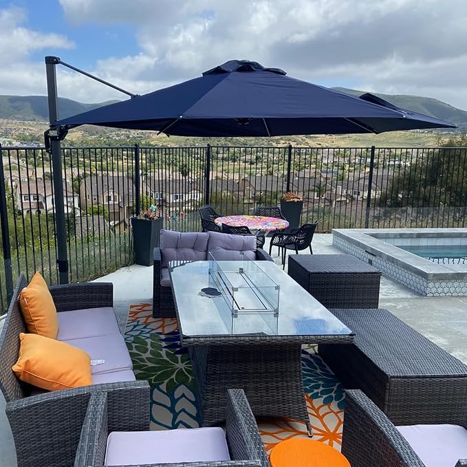 PURPLE LEAF 11 Feet Patio Round Cantilever Umbrella with Base Outdoor Aluminum Offset Umbrella with 360-degree Rotation for Pool Patio Garden Deck Navy Blue