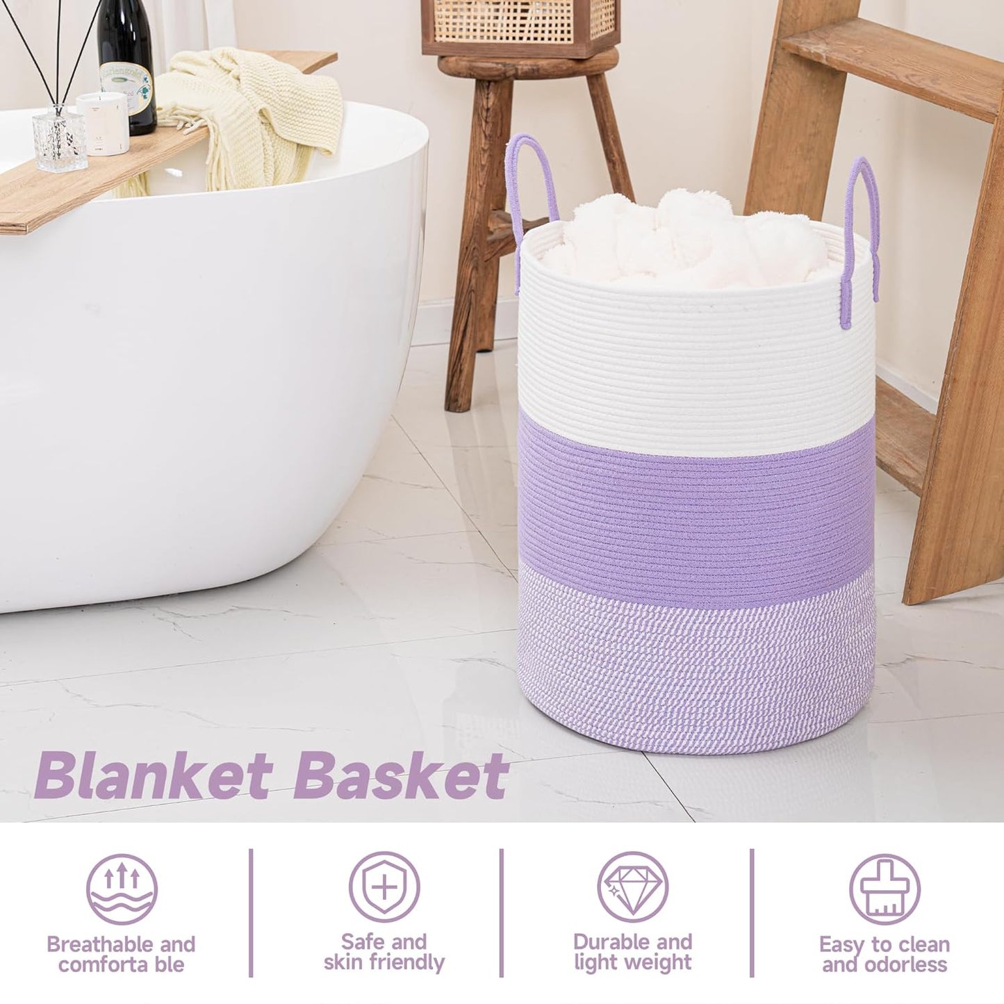 CLHMILY&Z 80L Laundry Basket Round Storage Rope Basket - 16.5x22.5 Inches - Lavender Hamper in Bedreoom and Cute Storage Bin for Blankets, Toys, and Nursery Essentials