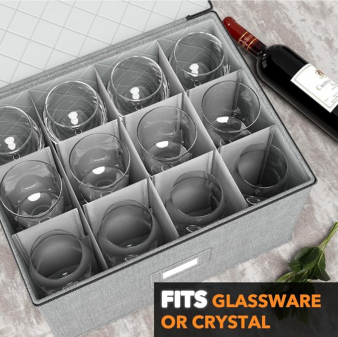 SpaceAid Wine Glass Stemware Storage 2 Pack, China Storage Containers, Hard Shell Quilted Cases with Soft Plate Separators, Moving Supplies Packing Boxes for 24 Glasswares (Grey)