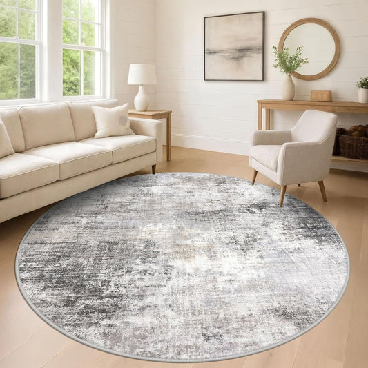 IOHOUZE Abstract Round Area Rug 8 Ft Washable Circle Rugs Large Round Rug Non Slip Thin Soft Circle Rugs, Printed Faux Wool Floor Carpet for Bedroom Living Room Dining Room Nursery, Grey Beige