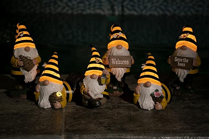 Exhart Solar Beekeeper Garden Gnome Statue, LED Hat, Lantern,Hand Painted Cute Yard Décor, 5.5" x9.5”