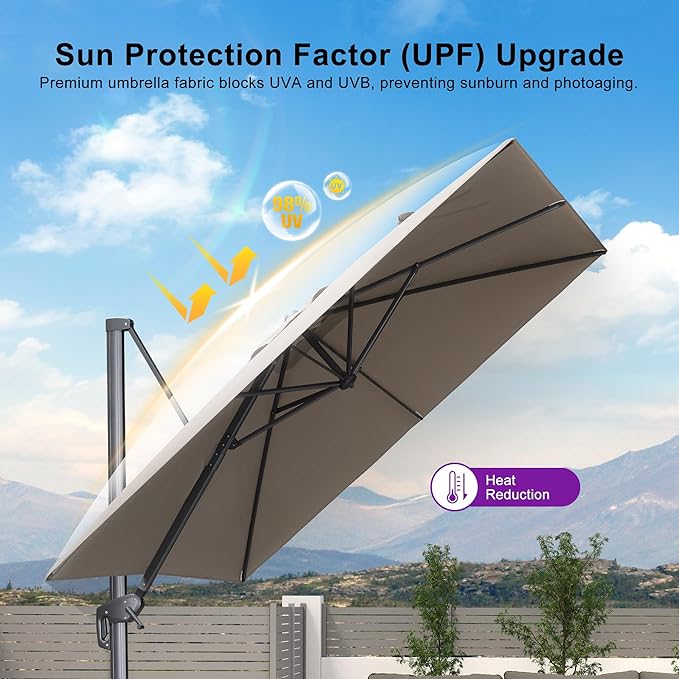 PURPLE LEAF 9 FT Cantilever Patio Umbrella Outdoor Aluminum Offset Square Umbrella with 3 Years Fade Resistance Recycled Fabric and 360-degree Rotation for Deck Pool Garden, Ash Mocha