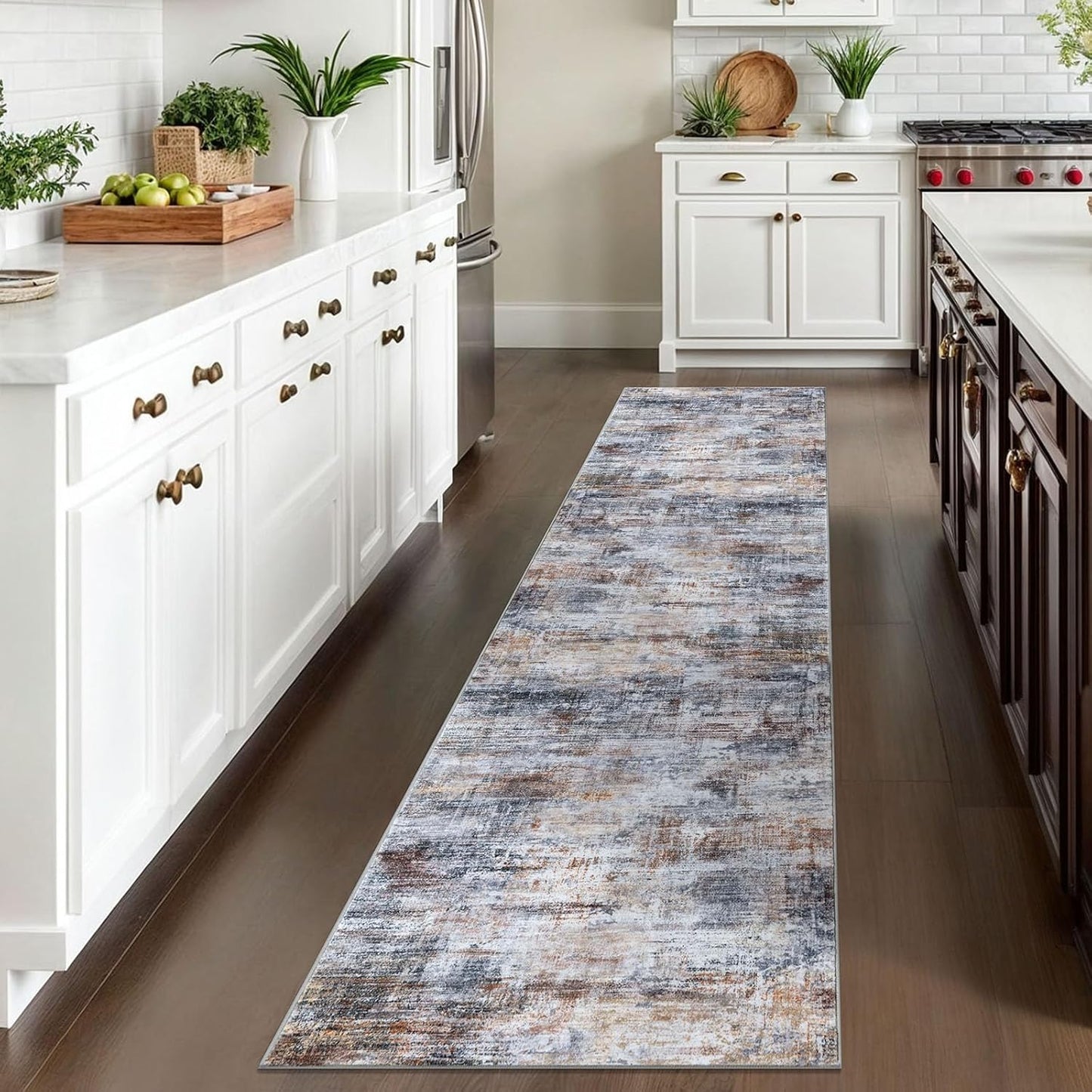 IOHOUZE Abstract Runner Rug 2x10 Ft Washable Runners for Hallways, Non Slip Kitchen Runner Printed Faux Wool Entryway Runner Indoor, Modern Abstract Floor Carpet for Hall Kitchen, Orange Grey