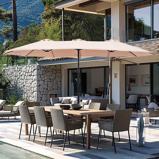 GREEN PARTY 15 ft Rectangle Patio Umbrella with Base Included, Double-Sided Table Umbrella with Crank, Large Outdoor Umbrellas for Patio Poolside Garden Backyard, Beige