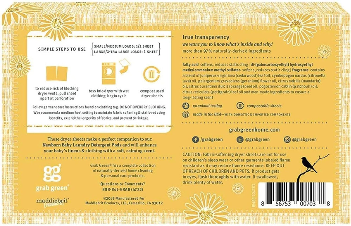 Grab Green Newborn Baby Dryer Sheets, 120 Sheets, Chamomile Scent, Plant and Mineral Based, Compostable, Softens Clothing and Linens, Reduces Static Cling