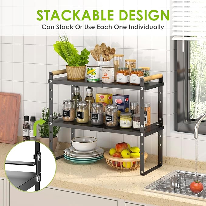 DOLALIKE Expandable kitchen Countertop Organizer, Stackable Cabinet Shelf Organizers, Space Saving Spice Rack Pantry Storage for Bathroom Office Organization (6.9''D*13-19.7''W*7.9''H, Black)