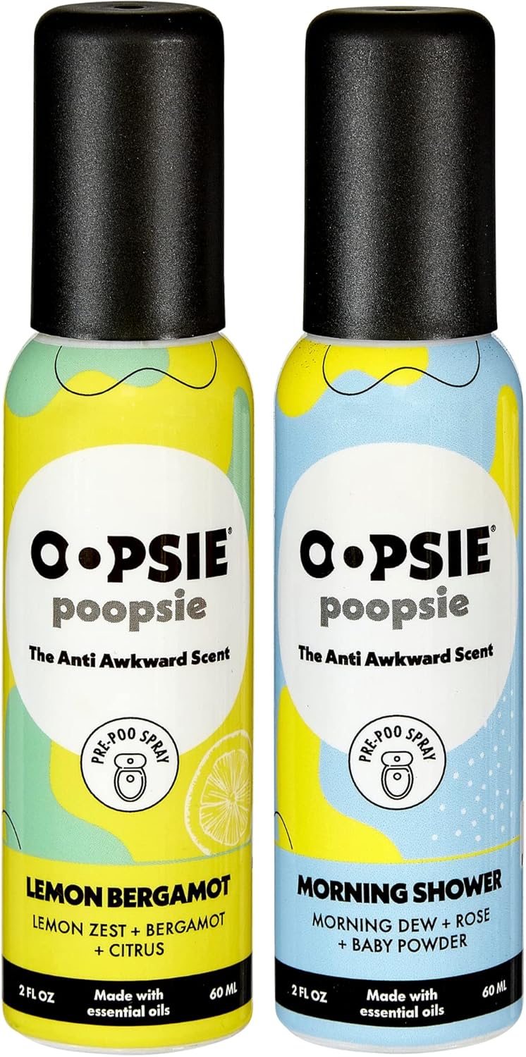 Oopsie Poopsie Pre GO toilet spray, discreet & portable original Pre-poo spray to use on the go. Assorted scents Lemon/Morning Shower Fresh Toilet Odor Eliminator 2oz bottle Gift Set 2 pack