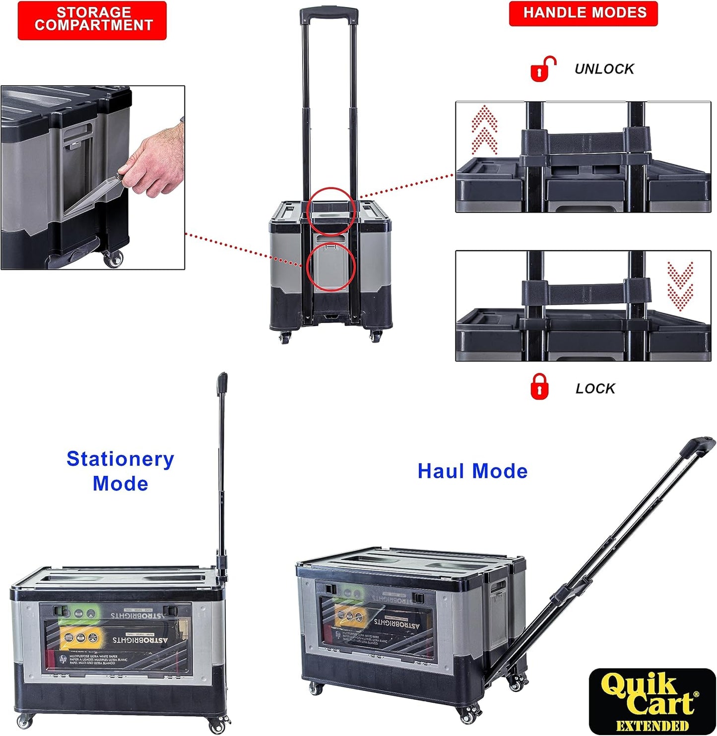 dbest products Quik Cart Extended Four Wheeled Rolling Crate Teacher Utility with seat Dual Accessible Doors Heavy Duty Collapsible Basket with Two Position Handle