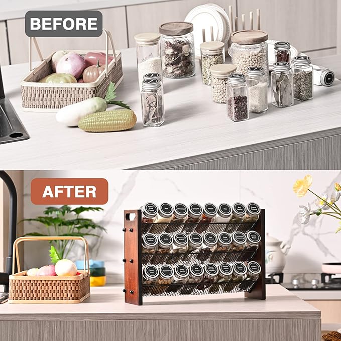 Spice Rack Organizer for Cabinet, Spice Organizer with 24 Empty Spice Jars, 180 Spice Labels, Wooden Spice Jar Organizer, Seasoning Organizer for Cabinet Kitchen, Pantry, Countertop or Wall Mount
