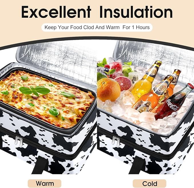 Double Insulated Casserole Carrier, Portable Casserole Carrier for Hot or Cold Food Lunch Tote Warmer or Cooler Bag, Lasagna Lunch Bag for Potluck Parties- Fits 9" x 13" Baking Dish-Cow Pattern