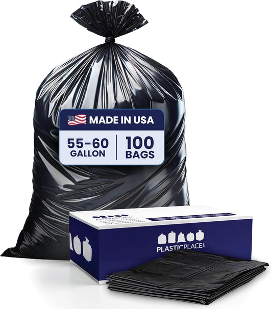 Plasticplace 55-60 Gallon Trash Bags │ 1.5 Mil │ Black Heavy Duty Garbage Can Liners │ 36” x 58” (100 Count)