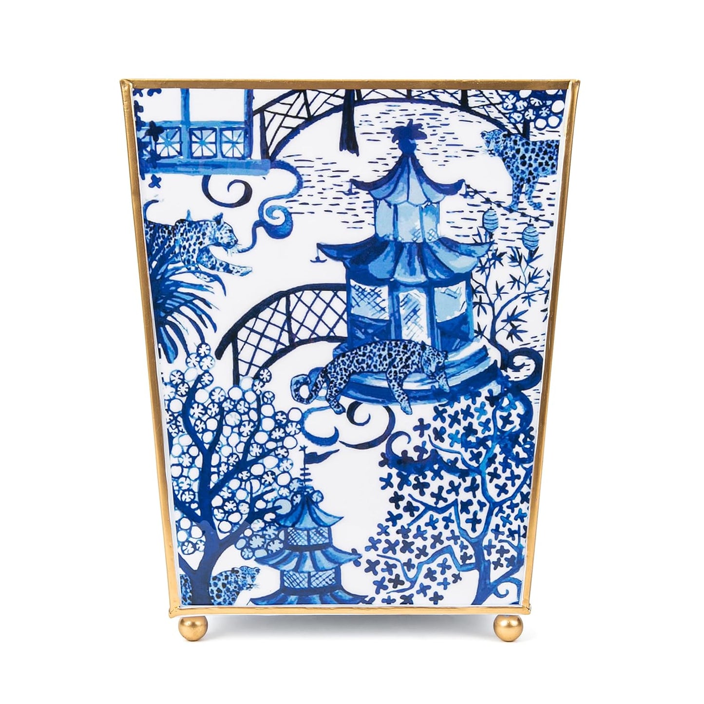 Jaye’s Studio Garden Party Decorative Gold Waste Basket for Bathroom Trash Can no Lid, Bedroom Garbage Can Square Office Trash Bin, Vanity Enamel White & Blue Bathroom Trash Can Gold Feet, 9 inch Wide