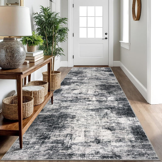 IOHOUZE Abstract Runner Rug 3x10 Ft Washable Runners for Hallways, Non Slip Kitchen Runner Printed Faux Wool Entryway Runner Indoor, Modern Abstract Floor Carpet for Hall Kitchen Bedroom, Black Grey
