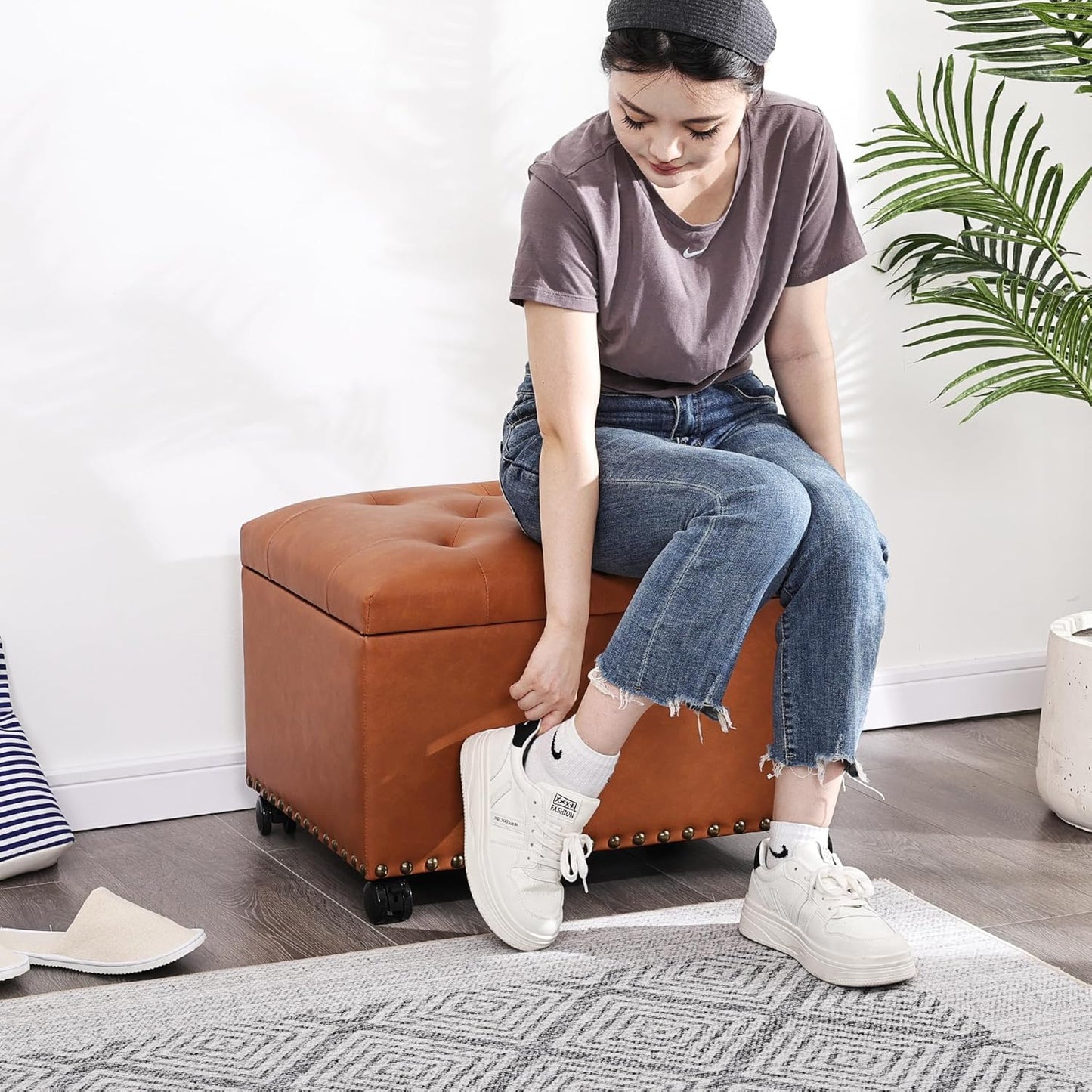 24" Square Ottomans with Storage, Leather Ottoman with Storage with Lockable Wheels and Hight Loading, Foot Stool Ottoman with Wheels for Makeup Room, Dorms and Apartments (Orange Brown)