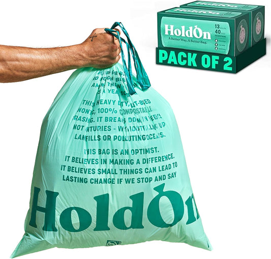 HoldOn 13-Gallon Trash Bags – Tall Kitchen Trash Bags with Drawstring Handles for Tall Trash Bins, Heavy-duty and Compostable, Large Trash Bags (40 bags, Pack of 2)