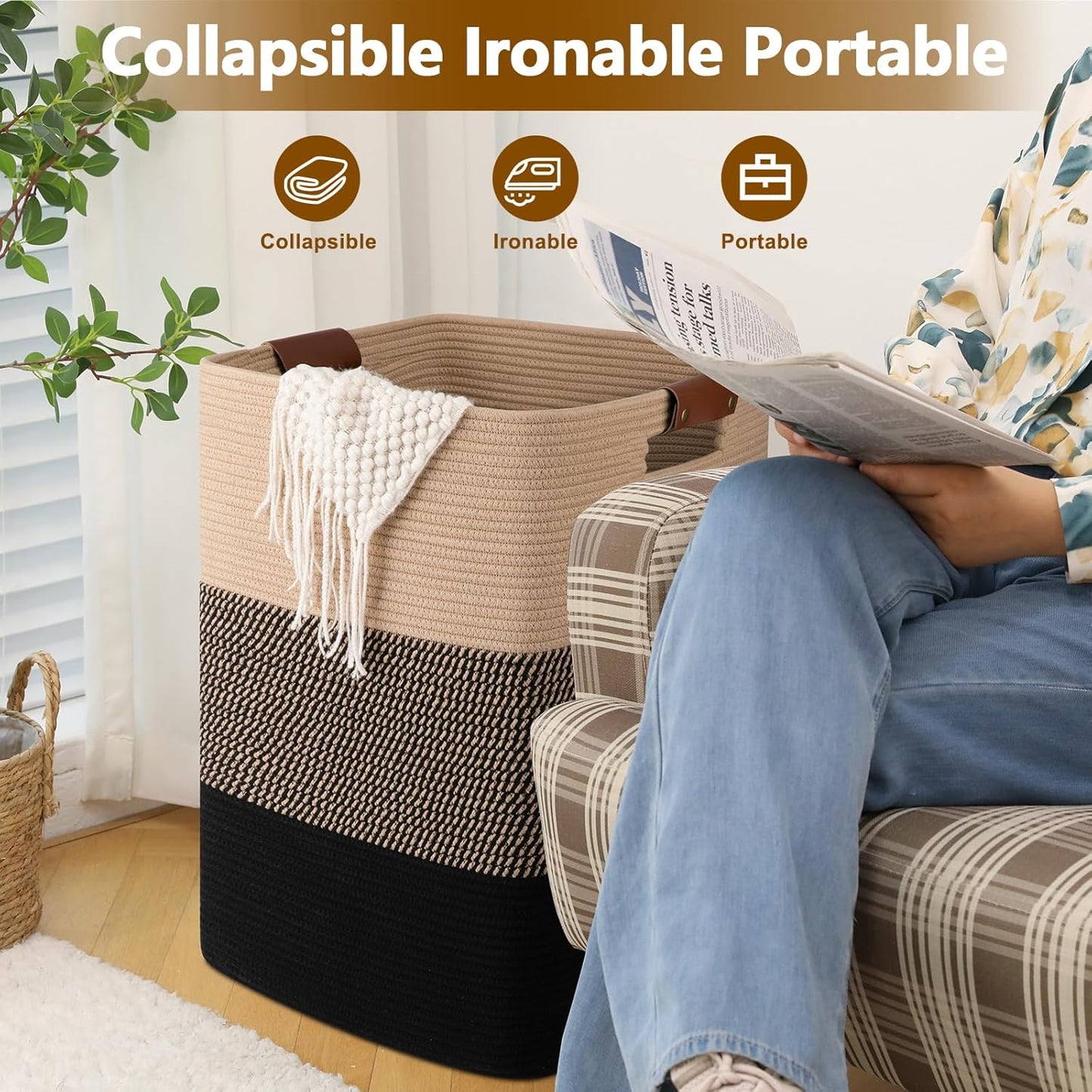 Laundry Hamper 96L Extra Large Laundry Basket, Woven Blanket Basket, Cotton Woven Storage Hamper with Handles for Living Room, Large Baskets for Pillows, Blankets, Clothes-Black & Yellow