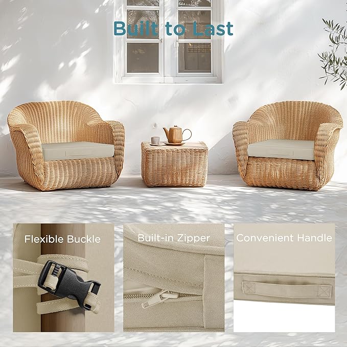 Codi Patio Chair Cushions 19x19 Inch, Waterproof Seat Cushion for Outdoor Furniture with Handles & Adjustable Straps, Fade Resistant - Set of 2, Beige